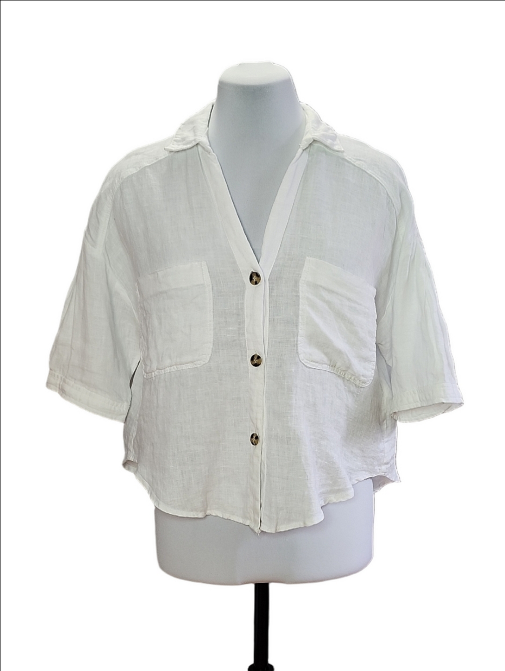 ZARA White 100% linen loose fit cropped button down shirt